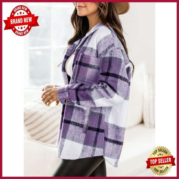Women's Plaid Shacket Jacket Long Sleeve Button Down Flannel Polyester - Picture 4 of 8